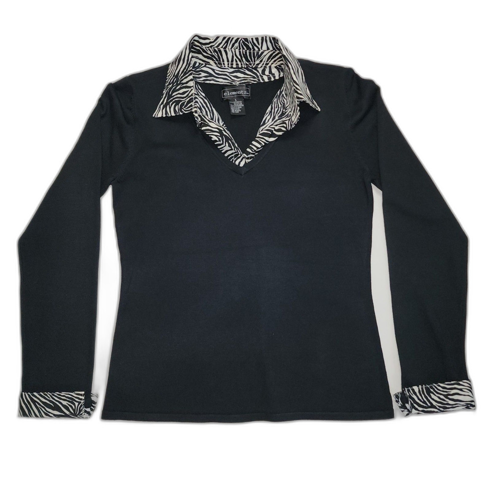 Elementz Women's Black Zebra Print Collared Top Size S